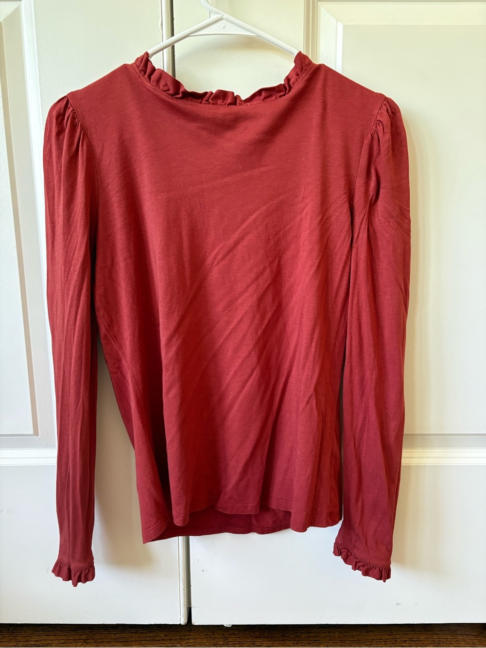 Boden Red Ruffled Mock Neck Long-Sleeve Top